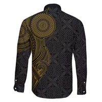 Niue Polynesian Hiapo Tattoo Art Family Matching Off Shoulder Short Dress and Hawaiian Shirt Half Style Black Gold Color LT03 - Polynesian Pride