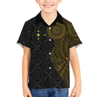 Niue Polynesian Hiapo Tattoo Art Family Matching Off Shoulder Short Dress and Hawaiian Shirt Half Style Black Gold Color LT03 Son's Shirt Black - Polynesian Pride