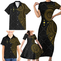 Niue Polynesian Hiapo Tattoo Art Family Matching Short Sleeve Bodycon Dress and Hawaiian Shirt Half Style Black Gold Color - Polynesian Pride