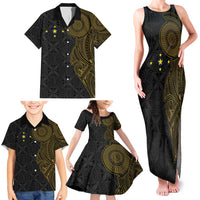 Niue Polynesian Hiapo Tattoo Art Family Matching Tank Maxi Dress and Hawaiian Shirt Half Style Black Gold Color - Polynesian Pride