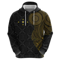 Niue Polynesian Hiapo Tattoo Art Hoodie Half Style Black Gold Color - Polynesian Pride