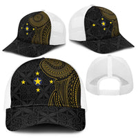 Niue Polynesian Hiapo Tattoo Art Mesh Trucker Cap Half Style Black Gold Color - Polynesian Pride