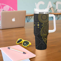 Niue Polynesian Hiapo Tattoo Art Tumbler With Handle Half Style Black Gold Color - Polynesian Pride