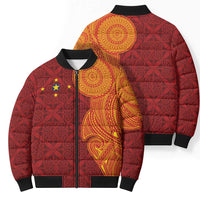 Niue Polynesian Hiapo Tattoo Art Bomber Puffer Jacket Half Style Red Yellow Color - Polynesian Pride