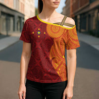 Niue Polynesian Hiapo Tattoo Art Cross Shoulder Shirt Half Style Red Yellow Color - Polynesian Pride