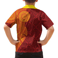 Niue Polynesian Hiapo Tattoo Art Family Matching Off Shoulder Short Dress and Hawaiian Shirt Half Style Red Yellow Color LT03 - Polynesian Pride