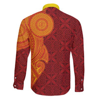 Niue Polynesian Hiapo Tattoo Art Family Matching Off Shoulder Short Dress and Hawaiian Shirt Half Style Red Yellow Color LT03 - Polynesian Pride