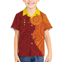 Niue Polynesian Hiapo Tattoo Art Family Matching Off Shoulder Short Dress and Hawaiian Shirt Half Style Red Yellow Color LT03 Son's Shirt Red - Polynesian Pride