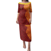 Niue Polynesian Hiapo Tattoo Art Family Matching Puletasi and Hawaiian Shirt Half Style Red Yellow Color - Polynesian Pride