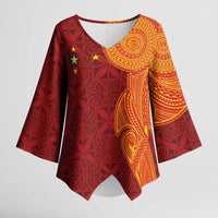 Niue Polynesian Hiapo Tattoo Art Kimono Sleeve Blouse Half Style Red Yellow Color - Polynesian Pride