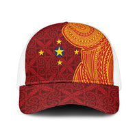 Niue Polynesian Hiapo Tattoo Art Mesh Trucker Cap Half Style Red Yellow Color LT03 One Size White Red - Polynesian Pride
