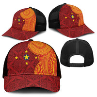 Niue Polynesian Hiapo Tattoo Art Mesh Trucker Cap Half Style Red Yellow Color LT03 - Polynesian Pride