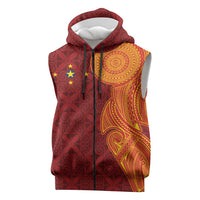 Niue Polynesian Hiapo Tattoo Art Sleeveless Zip Hoodie Half Style Red Yellow Color - Polynesian Pride