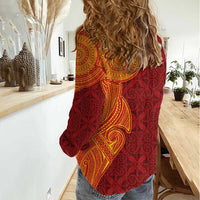 Niue Polynesian Hiapo Tattoo Art Women Casual Shirt Half Style Red Yellow Color - Polynesian Pride