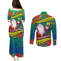 New Caledonia Christmas Couples Matching Puletasi Dress and Long Sleeve Button Shirt Santa Claus and Kanak Flag Mix Poinsettia Maori Pattern LT03 - Polynesian Pride