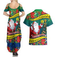 New Caledonia Christmas Couples Matching Summer Maxi Dress and Hawaiian Shirt Santa Claus and Kanak Flag Mix Poinsettia Maori Pattern LT03 - Polynesian Pride