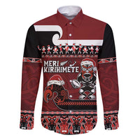 New Zealand Christmas Family Matching Summer Maxi Dress and Hawaiian Shirt Meri Kirihimete Aotearoa Warrior on Waka with Maori Art Tattoo LT03 Dad's Shirt - Long Sleeve Red - Polynesian Pride