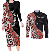 Aotearoa Maori Stylized Koru - Silver Ferns Couples Matching Long Sleeve Bodycon Dress and Long Sleeve Button Shirt