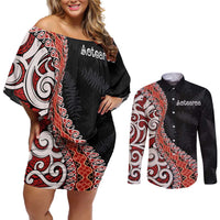 Aotearoa Maori Stylized Koru - Silver Ferns Couples Matching Off Shoulder Short Dress and Long Sleeve Button Shirt