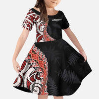 Aotearoa Maori Stylized Koru - Silver Ferns Family Matching Mermaid Dress and Hawaiian Shirt LT03 Daughter's Dress Red - Polynesian Pride