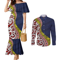Aotearoa and Niue Couples Matching Mermaid Dress and Long Sleeve Button Shirt Hiapo Maori Stylized Koru LT03 Blue - Polynesian Pride