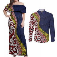Aotearoa and Niue Couples Matching Off Shoulder Maxi Dress and Long Sleeve Button Shirt Hiapo Maori Stylized Koru LT03 Blue - Polynesian Pride