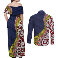 Aotearoa and Niue Couples Matching Off Shoulder Maxi Dress and Long Sleeve Button Shirt Hiapo Maori Stylized Koru LT03 - Polynesian Pride