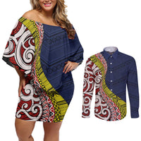 Aotearoa and Niue Couples Matching Off Shoulder Short Dress and Long Sleeve Button Shirt Hiapo Maori Stylized Koru LT03 Blue - Polynesian Pride