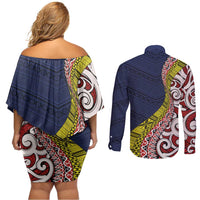 Aotearoa and Niue Couples Matching Off Shoulder Short Dress and Long Sleeve Button Shirt Hiapo Maori Stylized Koru LT03 - Polynesian Pride