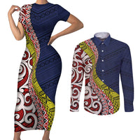 Aotearoa and Niue Couples Matching Short Sleeve Bodycon Dress and Long Sleeve Button Shirt Hiapo Maori Stylized Koru LT03 Blue - Polynesian Pride