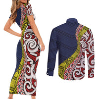 Aotearoa and Niue Couples Matching Short Sleeve Bodycon Dress and Long Sleeve Button Shirt Hiapo Maori Stylized Koru LT03 - Polynesian Pride