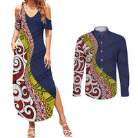 Aotearoa and Niue Couples Matching Summer Maxi Dress and Long Sleeve Button Shirt Hiapo Maori Stylized Koru LT03 Blue - Polynesian Pride