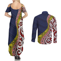 Aotearoa and Niue Couples Matching Summer Maxi Dress and Long Sleeve Button Shirt Hiapo Maori Stylized Koru LT03 - Polynesian Pride