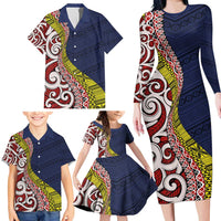 Aotearoa and Niue Family Matching Long Sleeve Bodycon Dress and Hawaiian Shirt Hiapo Maori Stylized Koru LT03 - Polynesian Pride