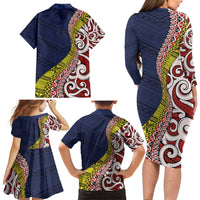 Aotearoa and Niue Family Matching Long Sleeve Bodycon Dress and Hawaiian Shirt Hiapo Maori Stylized Koru LT03 - Polynesian Pride
