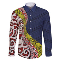 Aotearoa and Niue Family Matching Long Sleeve Bodycon Dress and Hawaiian Shirt Hiapo Maori Stylized Koru LT03 Dad's Shirt - Long Sleeve Blue - Polynesian Pride