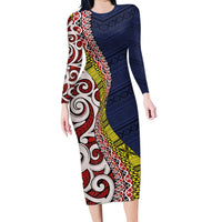 Aotearoa and Niue Family Matching Long Sleeve Bodycon Dress and Hawaiian Shirt Hiapo Maori Stylized Koru LT03 Mom's Dress Blue - Polynesian Pride