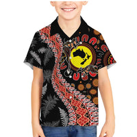 Aotearoa and Australia Family Matching Mermaid Dress and Hawaiian Shirt Maori Koru Ferns With Aboriginal Kangaroo LT03 Son's Shirt Black - Polynesian Pride