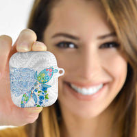 Hawaiian Couple Turtles Honi AirPods Case Polynesian Art Motifs and Hibiscus White Blue Color LT03 - Polynesian Pride