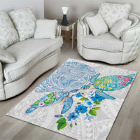 Hawaiian Couple Turtles Honi Area Rug Polynesian Art Motifs and Hibiscus White Blue Color - Polynesian Pride
