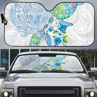 Hawaiian Couple Turtles Honi Auto Sun Shade Polynesian Art Motifs and Hibiscus White Blue Color - Polynesian Pride