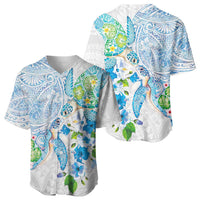 Hawaiian Couple Turtles Honi Baseball Jersey Polynesian Art Motifs and Hibiscus White Blue Color LT03 - Polynesian Pride