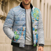 Hawaiian Couple Turtles Honi Bomber Puffer Jacket Polynesian Art Motifs and Hibiscus White Blue Color - Polynesian Pride