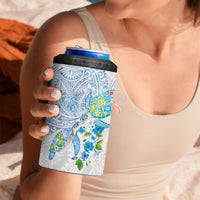 Hawaiian Couple Turtles Honi 4 in 1 Can Cooler Tumbler Polynesian Art Motifs and Hibiscus White Blue Color - Polynesian Pride
