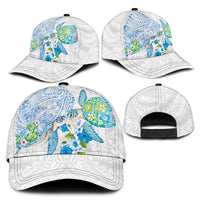 Hawaiian Couple Turtles Honi Classic Cap Polynesian Art Motifs and Hibiscus White Blue Color LT03 - Polynesian Pride
