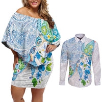 Hawaiian Couple Turtles Honi Couples Matching Off Shoulder Short Dress and Long Sleeve Button Shirt Polynesian Art Motifs and Hibiscus White Blue Color - Polynesian Pride