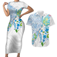 Hawaiian Couple Turtles Honi Couples Matching Short Sleeve Bodycon Dress and Hawaiian Shirt Polynesian Art Motifs and Hibiscus White Blue Color LT03 White - Polynesian Pride