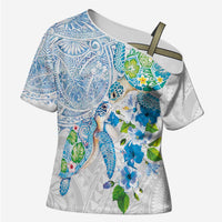 Hawaiian Couple Turtles Honi Cross Shoulder Shirt Polynesian Art Motifs and Hibiscus White Blue Color - Polynesian Pride