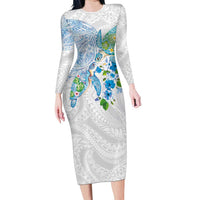 Hawaiian Couple Turtles Honi Family Matching Long Sleeve Bodycon Dress and Hawaiian Shirt Polynesian Art Motifs and Hibiscus White Blue Color LT03 Mom's Dress White - Polynesian Pride