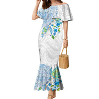 Hawaiian Couple Turtles Honi Family Matching Mermaid Dress and Hawaiian Shirt Polynesian Art Motifs and Hibiscus White Blue Color LT03 Mom's Dress White - Polynesian Pride